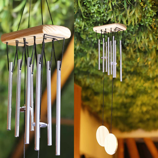 Wooden Wind Chimes with 8, 10, 12, and 14 Metal Pipes